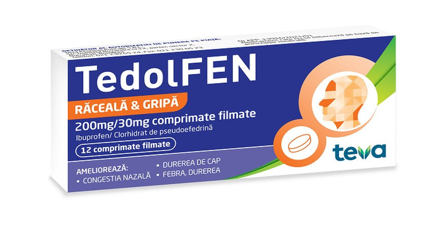 Tedolfen 200/30 mg, 12 Tablets – Cold & Sinus Relief